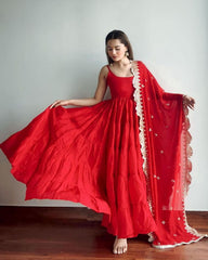 Gorgeous Red Heavy Georgette Ruffle Work Anarkali Gown With Dupatta
