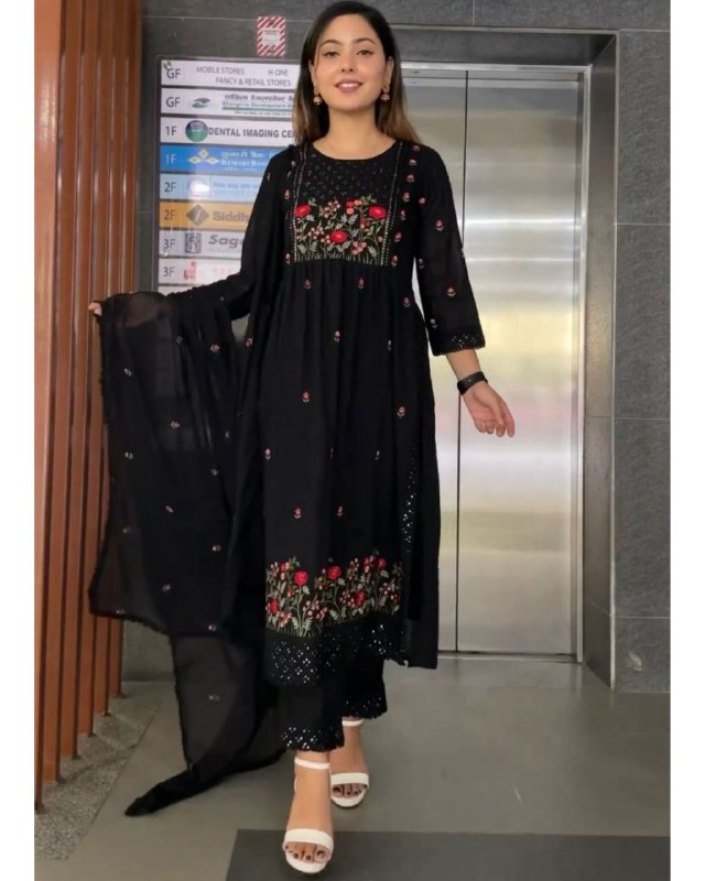 Rerdy To Wear Black Faux Georgette Embroidery Work Nayra Cut Suit With Dupatta
