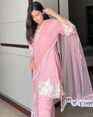 Gorgeous Pink Fiona Silk Embroidery Work Pent Suit With Dupatta