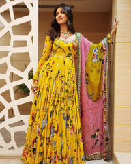Rerdy To Wear Yellow Tabhi Organza Digital Print Anarkali Gown With Dupatta