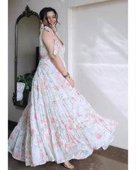 Rerdy To Wear White Faux Georgette Digital Print Anarkali Gown With Dupatta