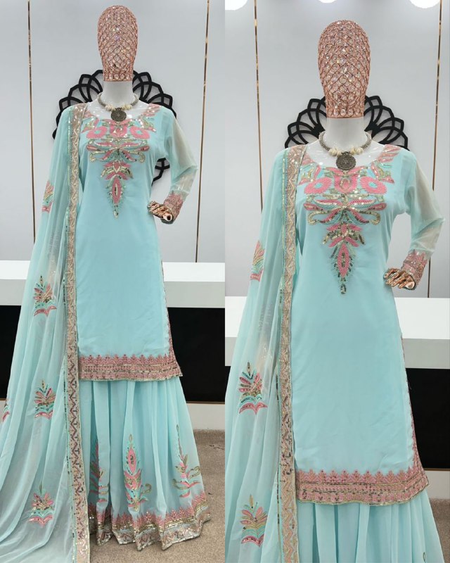 Rerdy To Wear Sky Faux Georgette Embroidery Work Sharara Suit With Dupatta
