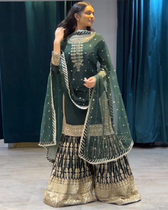 Gorgeous Bottle Green Pure Georgette Embroidery Work Sharara Suit With Dupatta