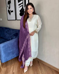 Rerdy To Wear Heavy Fresh Crepe Embroidery Work White Pent Suit With Purple Dupatta