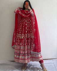 Rerdy To Wear Red Faux Georgette Embroidery Work Anarkali Suit With Dupatta