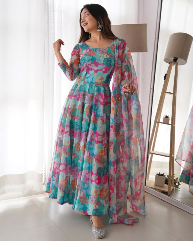 Rerdy To Wear SkyTabby Organza Silk Digital Print Anarkali Suit With Dupatta