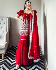 Gorgeou Red Faux Georgette Embroidery Work Plazzo Suit With Dupatta