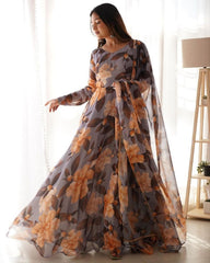 Rerdy To Wera Grey Faux Georgette Digital Print Anarkali Gown With Dupatta