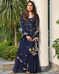 Rerdy To Wear Blue Faux Georgette Embroidery Work Plazzo Suit With Dupatta