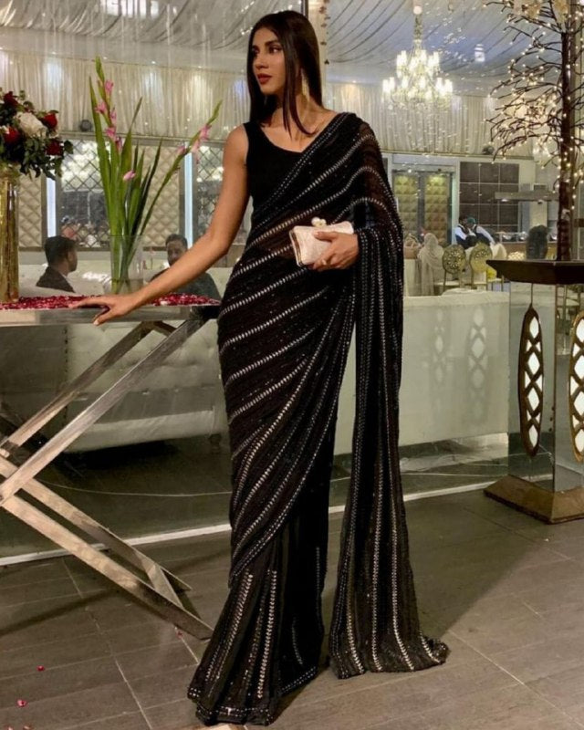 Gorgeous Black Faux Georgette Sequence Work Saree With Blouse