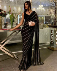 Gorgeous Black Faux Georgette Sequence Work Saree With Blouse