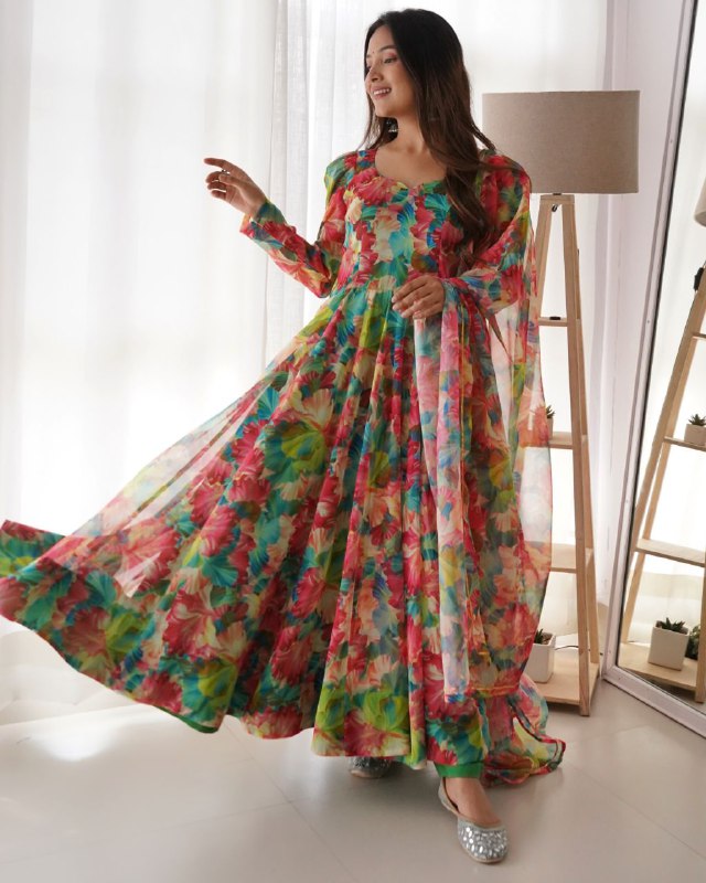 Rerdy To Wear Multi Tabby Organza Silk Digital Print Anarkali Suit With Dupatta