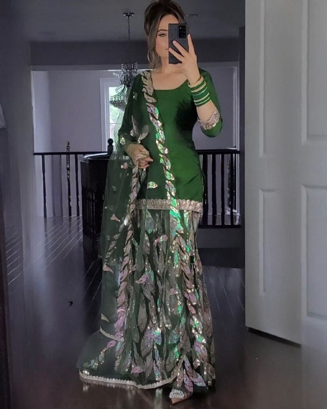 Rerdy To Wear Green Fuax Georgette Embroidery Work Sharara Suit With Dupatta