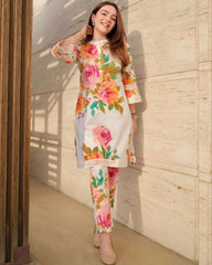 Rerdy To Wear Off  White Crep Silk Floral Print Pent Suit With Dupatta