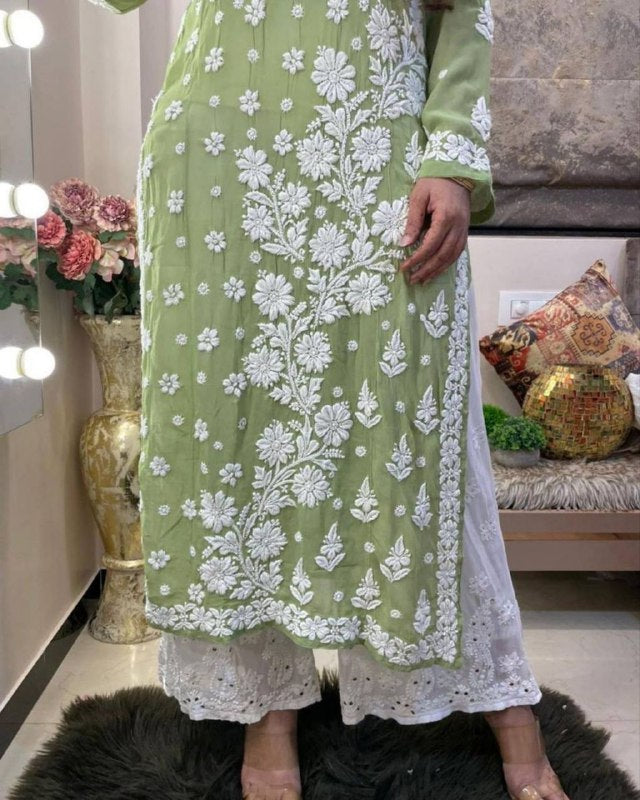 Rerdy To Wear Pista Green Faux Georgette Chikankari Work Pent Suit