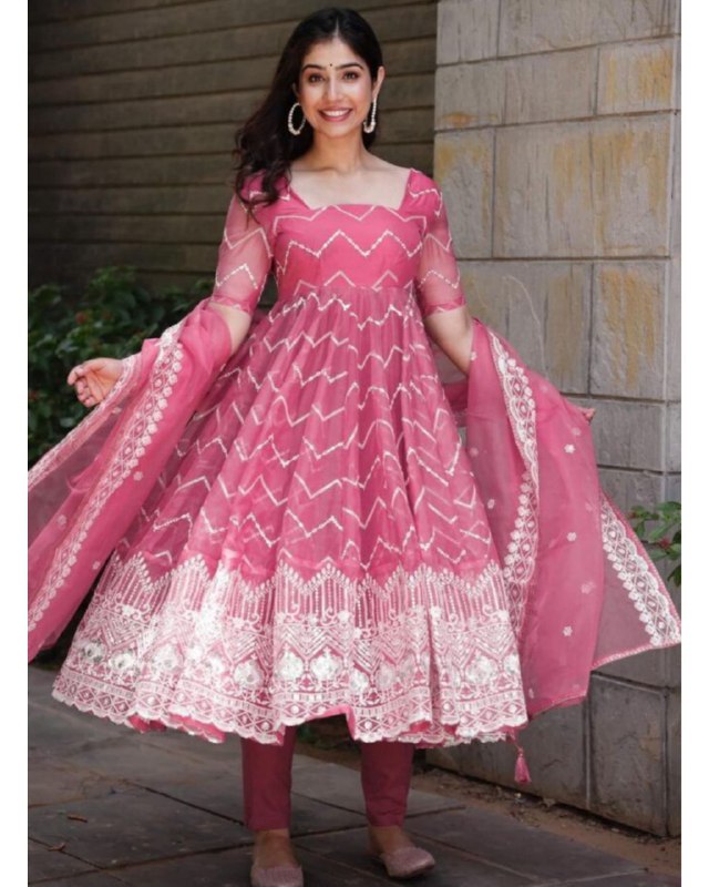 Rerdy To Wear Pink Heavy Organza Silk Thred Work Anarkali Suit With Dupatta