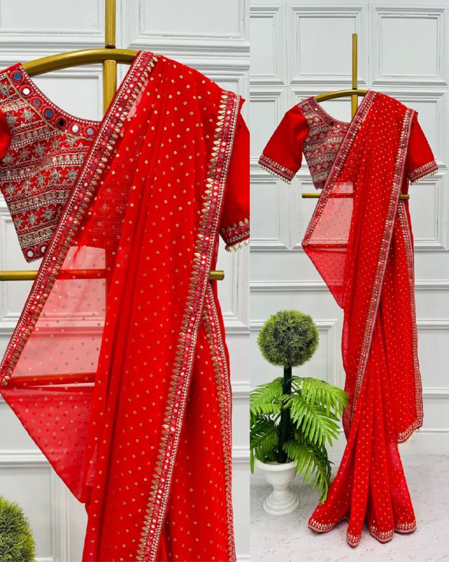 Gorgeous Red Heavy Georgette Embroidery Work Saree With Blouse