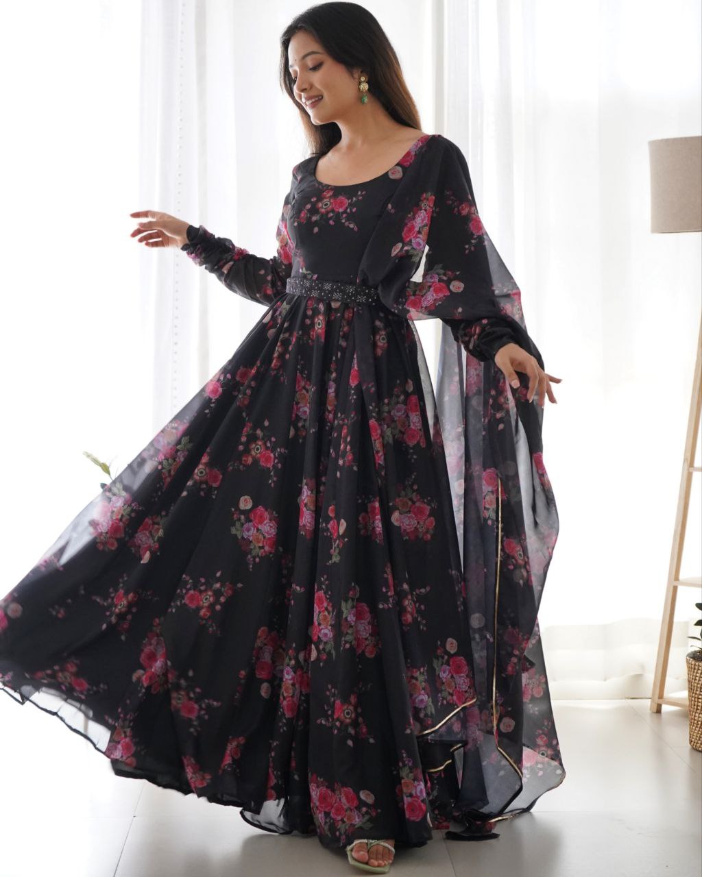 Rerdy To Wear Black Pure Soft Organza Silk Floral Print Anarkali Gown With Dupatta