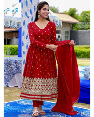 Rerdy To Wear Red Faux Georgette Embroidery Work Anarkali Suit With Dupatta