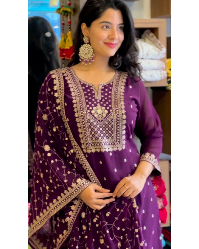 Rerdy To Wear Purple Faux Georgette Embroidery Work Pent Suit With Dupatta