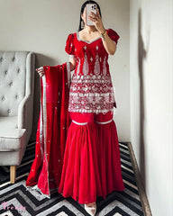 Gorgeou Red Faux Georgette Embroidery Work Plazzo Suit With Dupatta