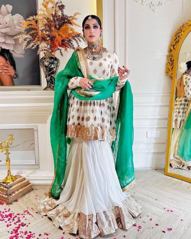 Gorgeou Pure Georgette Sequence Work White Gharara Suit With Green Dupatta