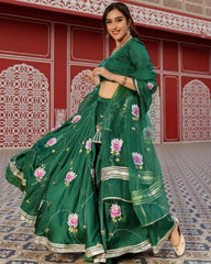 Gorgeou Green Satin Silk Embellished Digital Print Lehenga Choli With Dupatta