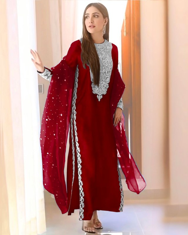 Rerdy To Wear Red Faux Georgette Embroidery Work Pent Suit With Dupatta