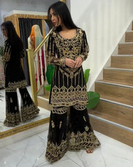 Rerdy To Wear Black Faux Georgette Embroidery Work Sharara Suit With Dupatta