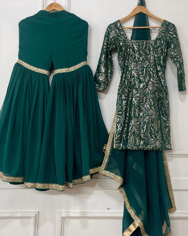 Gorgeous Bottle Green Faux Georgette Sequence Work Gharara Suit With Dupatta
