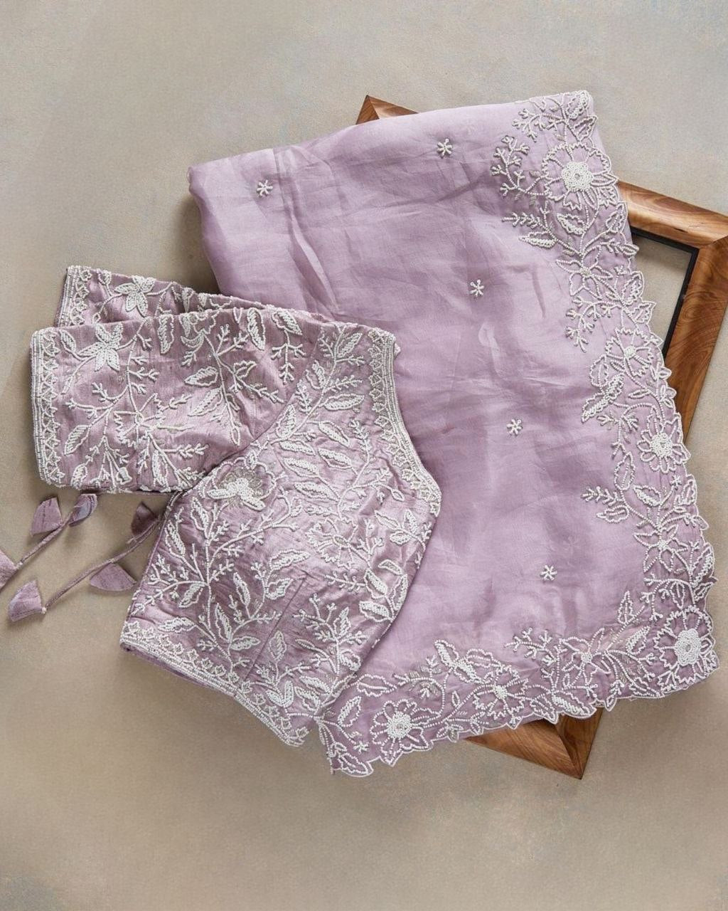 Gorgeou Purple Organza Silk Embroidery Work Saree With Blouse