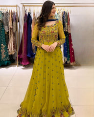 Rerdy To Wear Lime Faux Georgette Embroidery Work Anarkali Gown With Dupatta