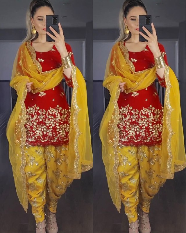 Gorgeou Red-Yellow Faux Georgette Embroidery Work Dhoti Suit With Dupatta