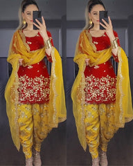 Gorgeou Red-Yellow Faux Georgette Embroidery Work Dhoti Suit With Dupatta