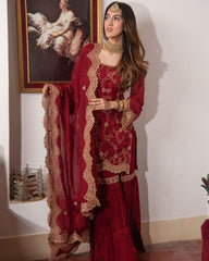 Rerdy To Wear Maroon Faux Georgette Embroidery Work Plazzo Suit With Dupatta