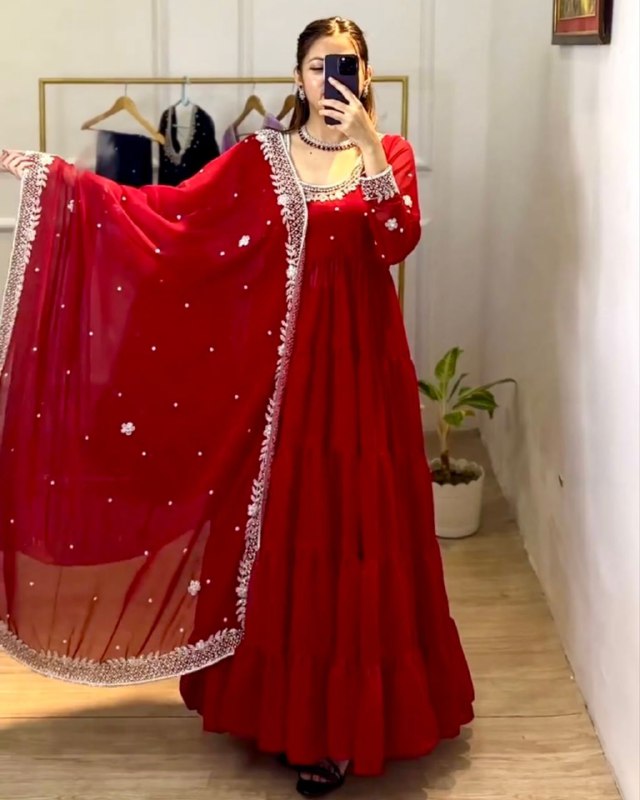 Rerdy To Wear Red Heavy Georgette Embroidery Work Anarkali Gown With Dupatta