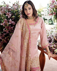 Gorgeou Peach Faux Georgette Embroidery Work Sharar Suit With Dupatta