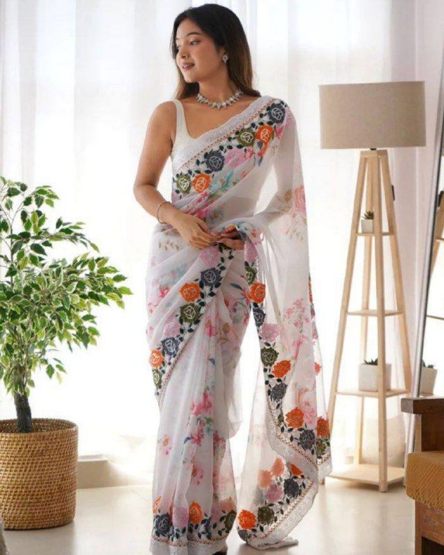 Gorgeous White Faux Georgette Digital Print Saree With Blouse