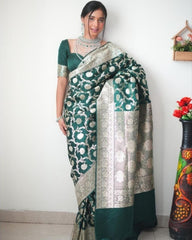 Gorgeou Dark Green Premium Soft Silk Zari Work Saree With Blouse