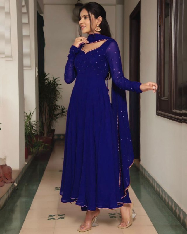 Rerdy To Wear Blue Pure Georgette Lace Work Anarkali Suit With Dupatta