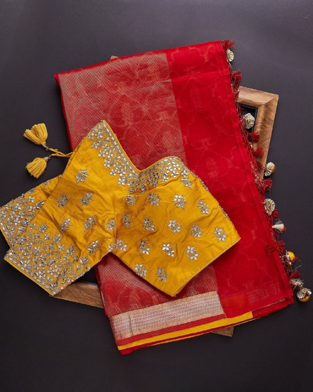 Gorgeou Red-Yellow Banarasi Soft Silk Jaquard Work  Saree With Blouse