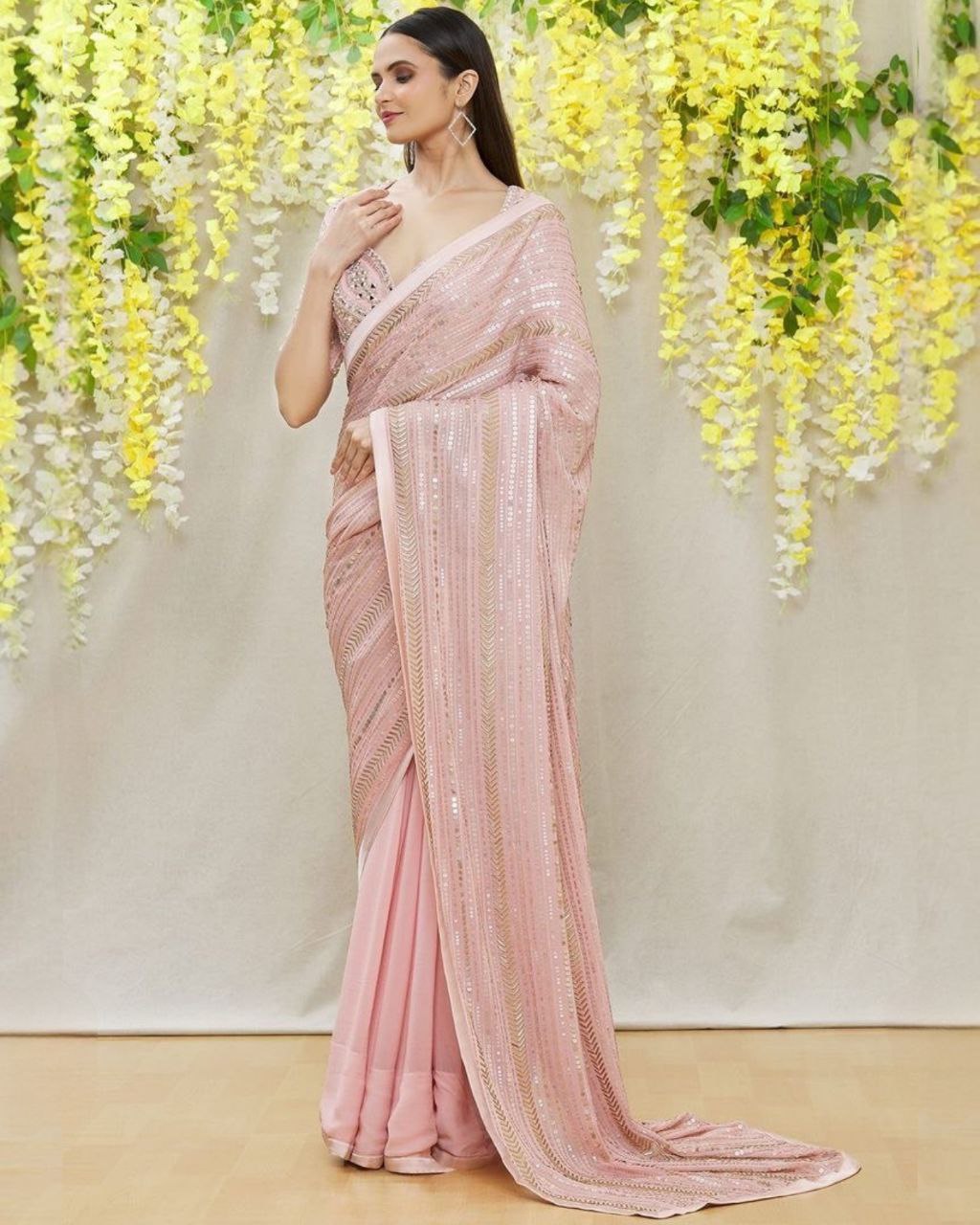Gorgeou Baby Pink Faux Georgette Embroidery Work Saree With Blouse