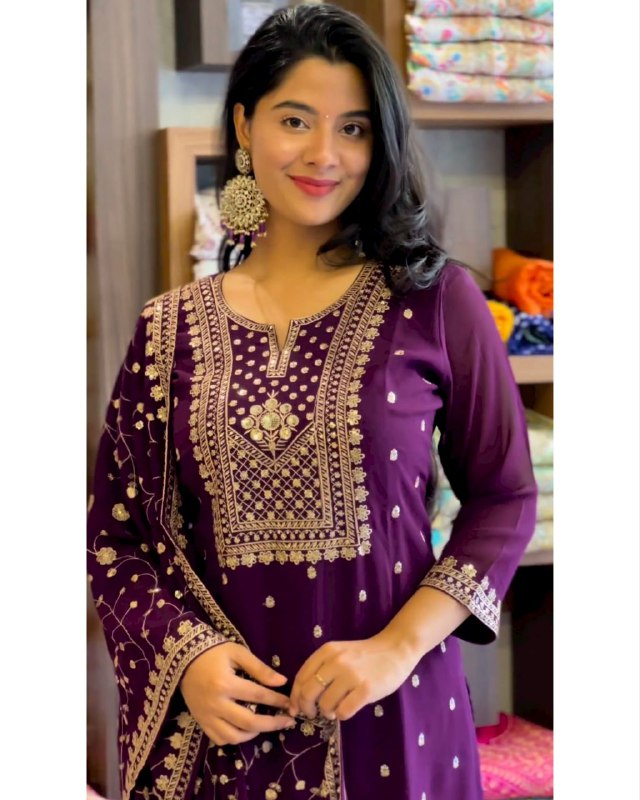 Rerdy To Wear Purple Faux Georgette Embroidery Work Pent Suit With Dupatta