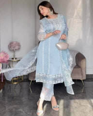 Rerdy To Wear Powder Blue Oraganza Silk Thread Work Pent Suit With Dupatta