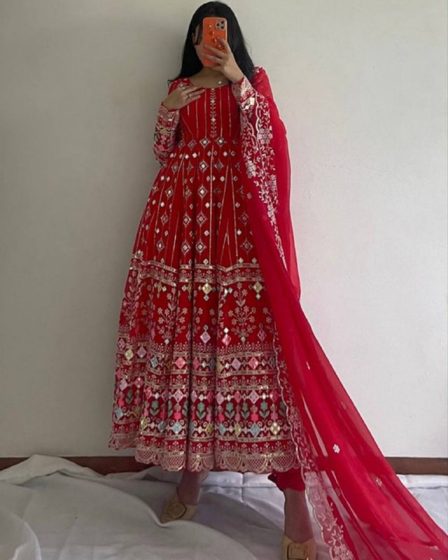 Rerdy To Wear Red Faux Georgette Embroidery Work Anarkali Suit With Dupatta