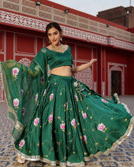 Gorgeou Green Satin Silk Embellished Digital Print Lehenga Choli With Dupatta