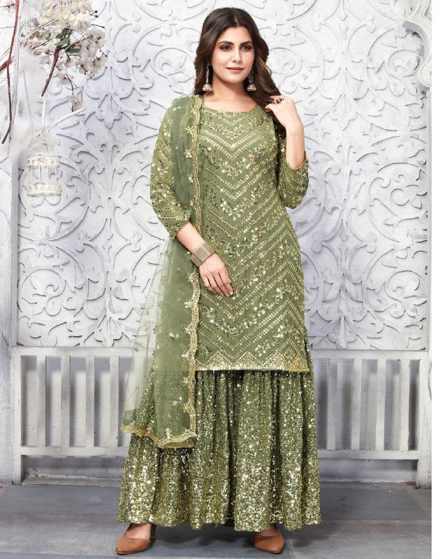 Gorgeou Heavy Faux Georgette Embroidery Work Sharara Plazzo Suit With Dupatta