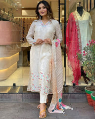 Rerdy To Wear White Maslin Digital Print Pent Suit With Dupatta