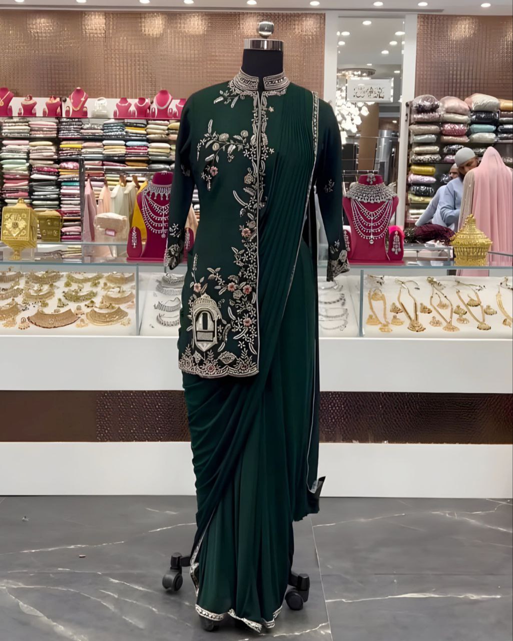 Gorgeous Dark Green Pure Georgette Embroidery Work Saree With Jaket Blouse