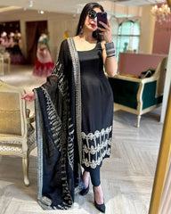 Rerdy To Wear Black Pure Georgette Embroidery Work Pent Suit With Dupatta